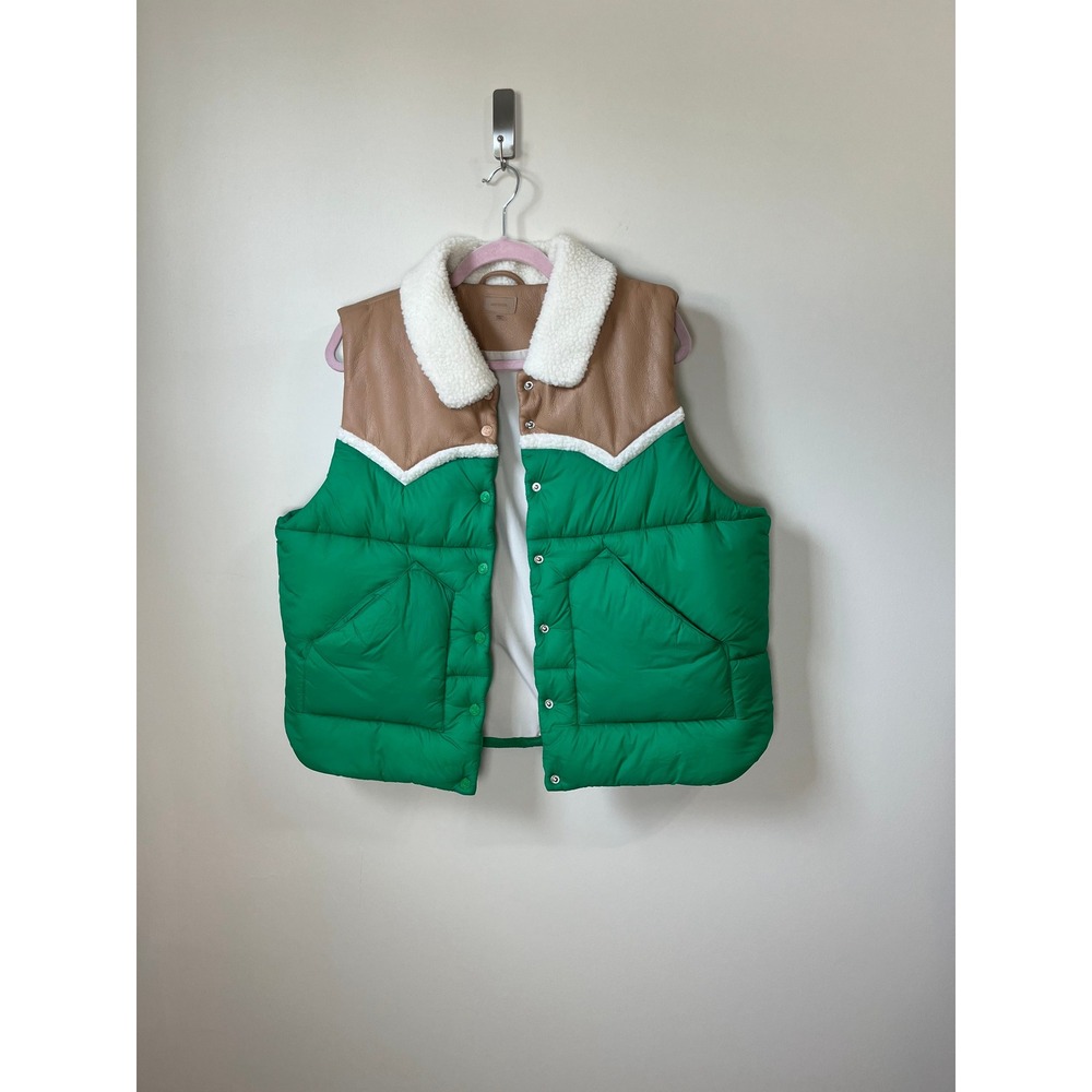 MOTHER The Ol West Puffer Vest Bright Green Tan Sherpa Collar XL - Picture 2 of 7